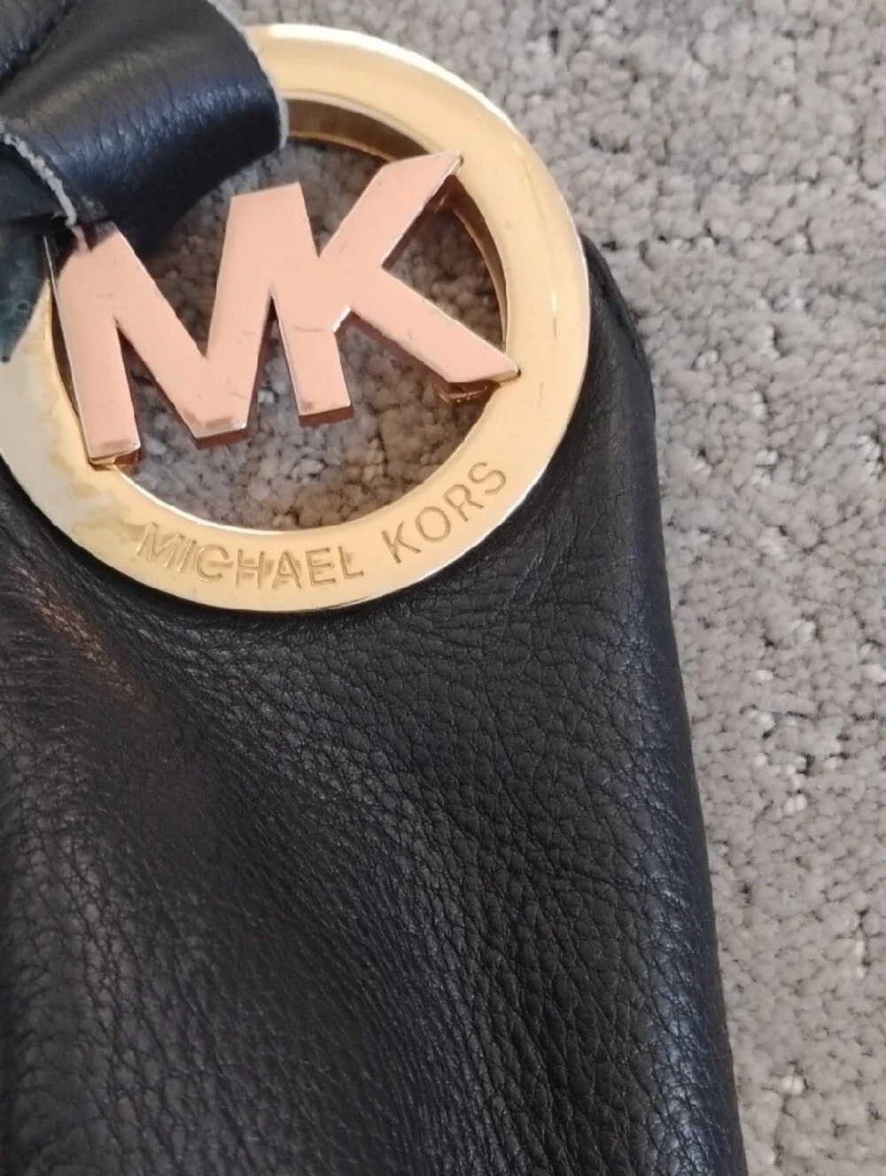 Michael Kors Black Leather Shoulder Hobo with Gold MK Charm